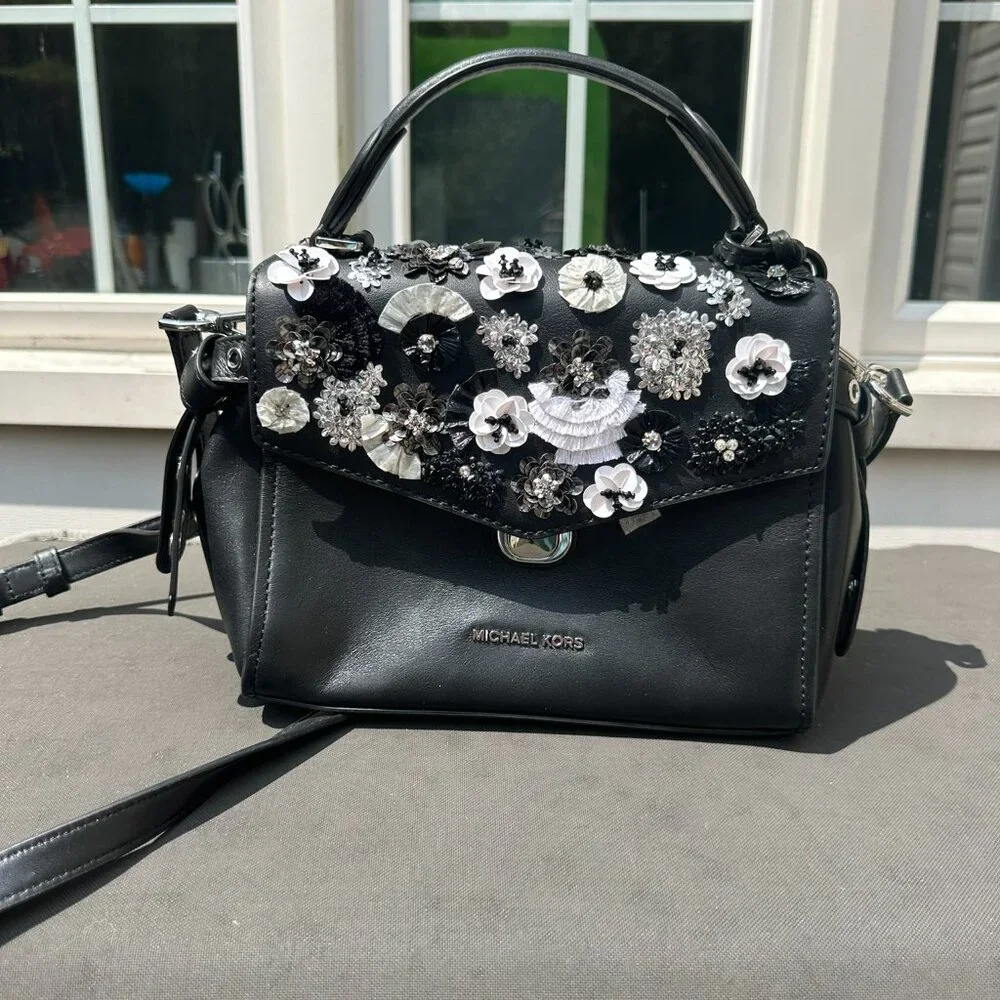 NWT Michael Kors Leather Bristol Embellish Floral Satchel, Black, White, Silver - Picture 3 of 10